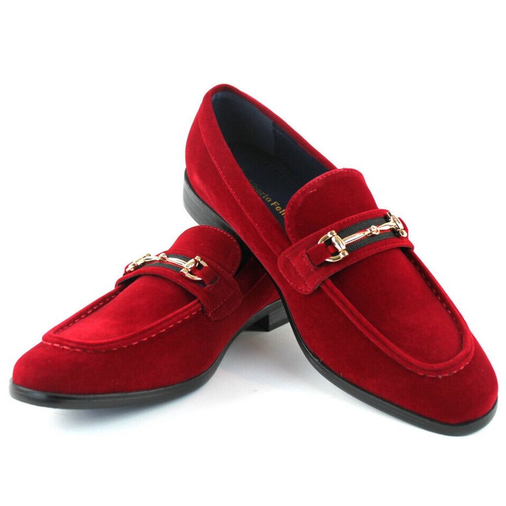 Men's Red Velvet Slip On Gold Buckle Dress Shoes Loafers Formal By Alberto F